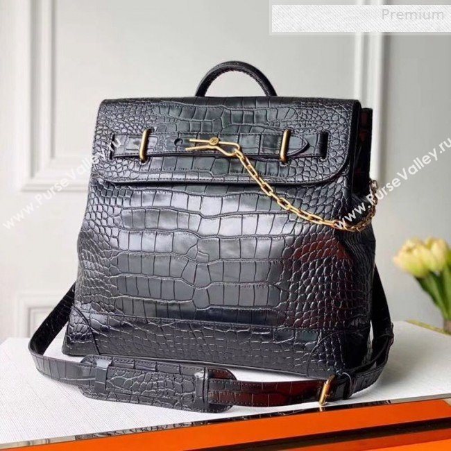 Louis Vuitton Mens Steamer PM Crocodile Embossed Leather Top Handle Bag M44473 Black/Gold 2019 (KI-0010228)