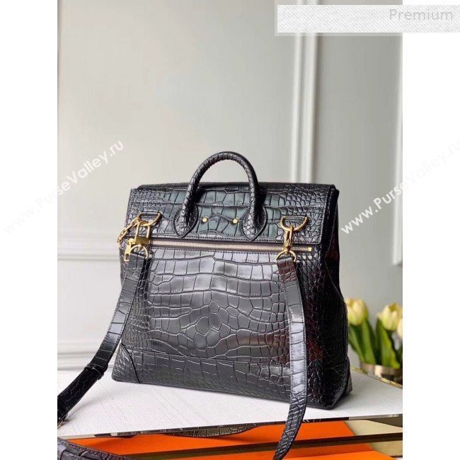 Louis Vuitton Mens Steamer PM Crocodile Embossed Leather Top Handle Bag M44473 Black/Gold 2019 (KI-0010228)
