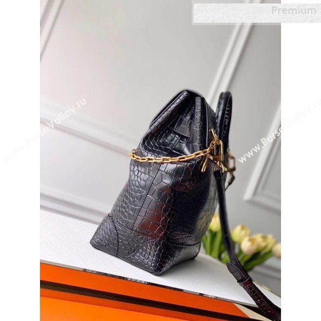 Louis Vuitton Mens Steamer PM Crocodile Embossed Leather Top Handle Bag M44473 Black/Gold 2019 (KI-0010228)