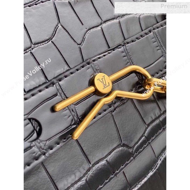 Louis Vuitton Mens Steamer PM Crocodile Embossed Leather Top Handle Bag M44473 Black/Gold 2019 (KI-0010228)