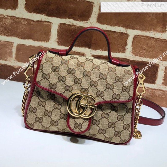 Gucci GG Diagonal Marmont Mini Top Handle Bag 583571 Beige/Red 2020 (DLH-0010233)