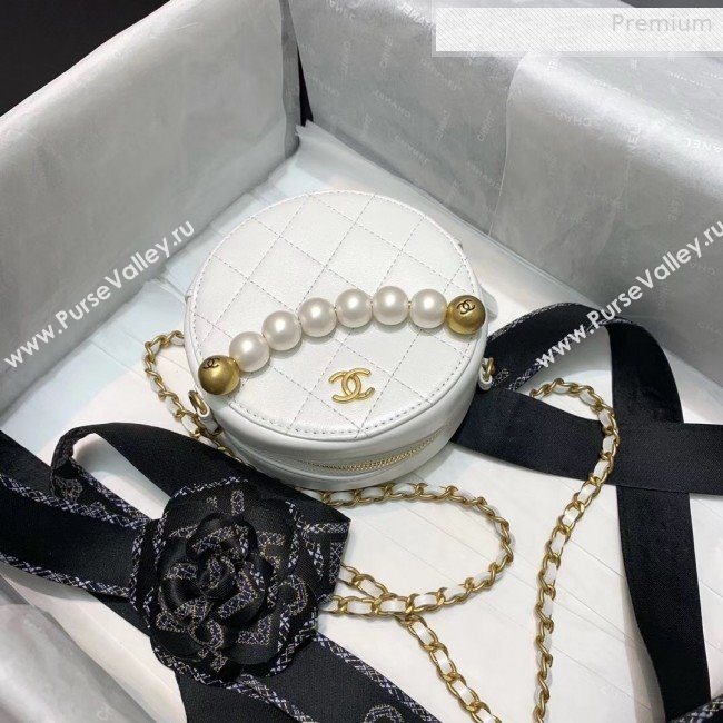 Chanel Quilted Leather Pearl Round Clutch with Chain White 2019 (KS-0010345)