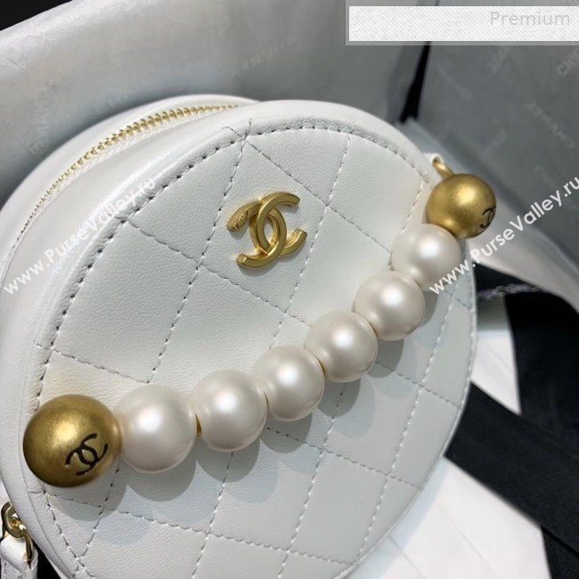 Chanel Quilted Leather Pearl Round Clutch with Chain White 2019 (KS-0010345)