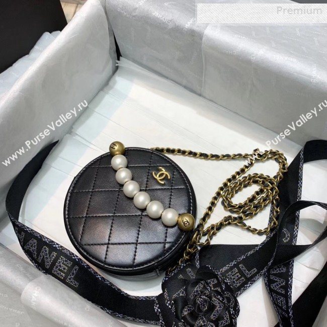 Chanel Quilted Leather Pearl Round Clutch with Chain Black 2019 (KS-0010346)