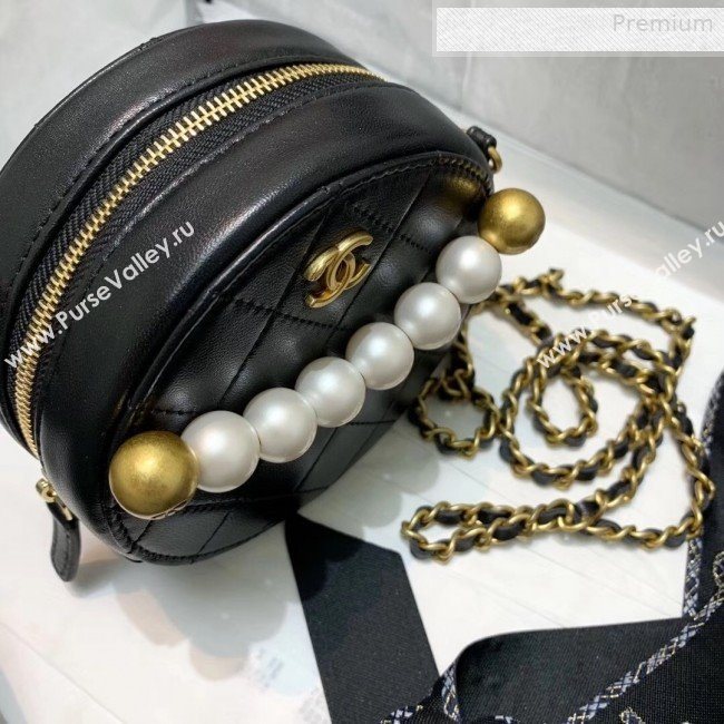 Chanel Quilted Leather Pearl Round Clutch with Chain Black 2019 (KS-0010346)