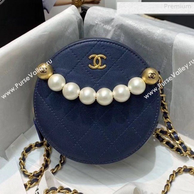 Chanel Quilted Leather Pearl Round Clutch with Chain Blue 2019 (KS-0010347)