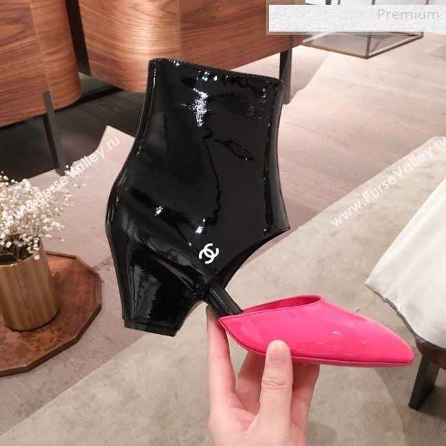 Chanel Patent Calfskin Mary Jane Open Ankle Short Boots G35431 Pink/Black 2020 (KL-0010609)