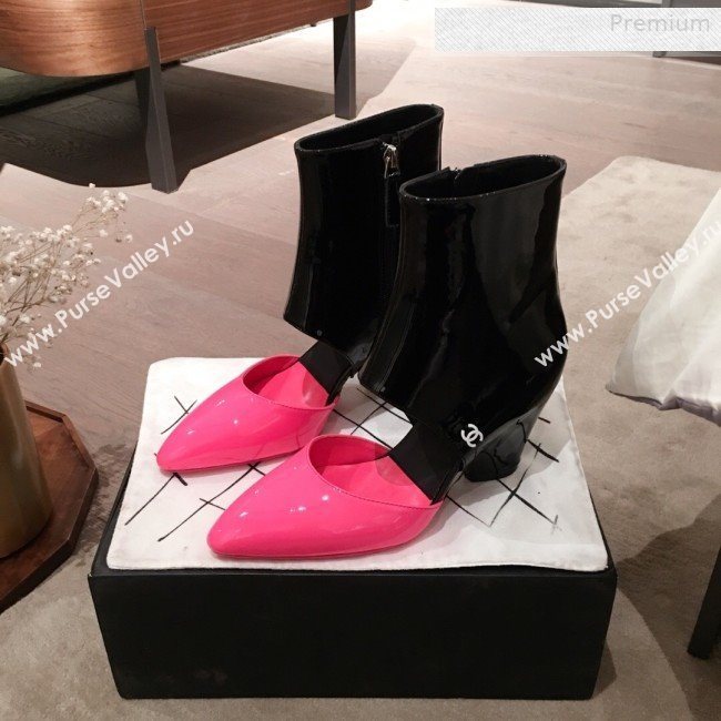 Chanel Patent Calfskin Mary Jane Open Ankle Short Boots G35431 Pink/Black 2020 (KL-0010609)