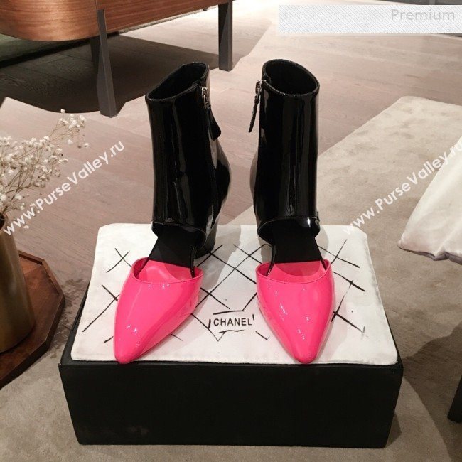 Chanel Patent Calfskin Mary Jane Open Ankle Short Boots G35431 Pink/Black 2020 (KL-0010609)