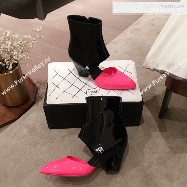 Chanel Patent Calfskin Mary Jane Open Ankle Short Boots G35431 Pink/Black 2020 (KL-0010609)