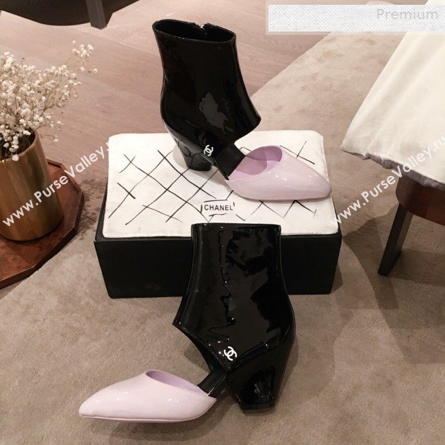 Chanel Patent Calfskin Mary Jane Open Ankle Short Boots G35431 Light Purple/Black 2020 (KL-0010608)