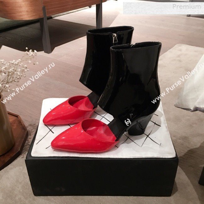 Chanel Patent Calfskin Mary Jane Open Ankle Short Boots G35431 Red/Black 2020 (KL-0010607)