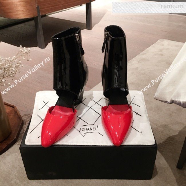 Chanel Patent Calfskin Mary Jane Open Ankle Short Boots G35431 Red/Black 2020 (KL-0010607)