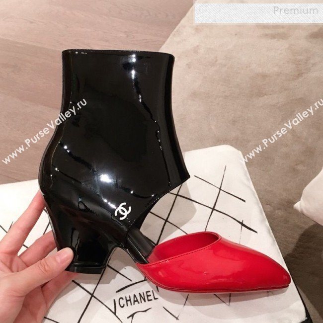 Chanel Patent Calfskin Mary Jane Open Ankle Short Boots G35431 Red/Black 2020 (KL-0010607)