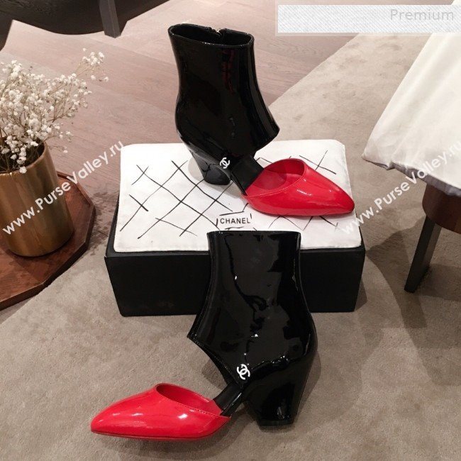 Chanel Patent Calfskin Mary Jane Open Ankle Short Boots G35431 Red/Black 2020 (KL-0010607)
