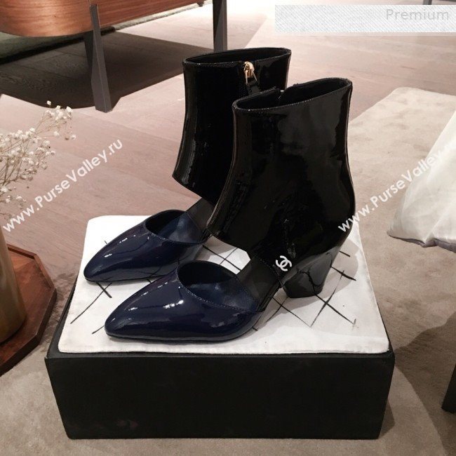 Chanel Patent Calfskin Mary Jane Open Ankle Short Boots G35431 Blue/Black 2020 (KL-0010606)