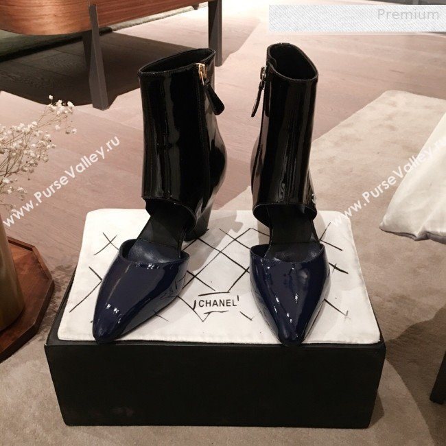 Chanel Patent Calfskin Mary Jane Open Ankle Short Boots G35431 Blue/Black 2020 (KL-0010606)