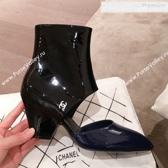 Chanel Patent Calfskin Mary Jane Open Ankle Short Boots G35431 Blue/Black 2020 (KL-0010606)