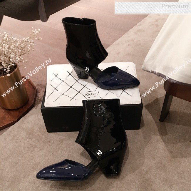 Chanel Patent Calfskin Mary Jane Open Ankle Short Boots G35431 Blue/Black 2020 (KL-0010606)