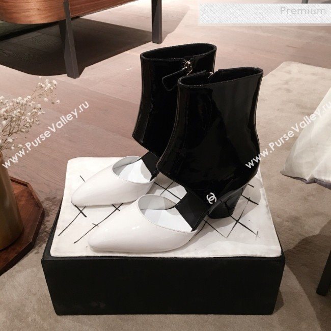 Chanel Patent Calfskin Mary Jane Open Ankle Short Boots G35431 White/Black 2020 (KL-0010604)