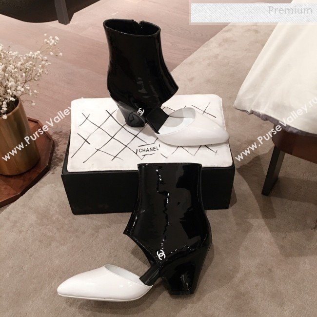 Chanel Patent Calfskin Mary Jane Open Ankle Short Boots G35431 White/Black 2020 (KL-0010604)