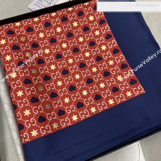 Gucci Silk GG Hearts Square Scarf 90x90cm Navy Blue/Red 2019 (WNS-0010617)