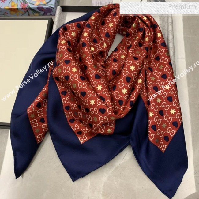 Gucci Silk GG Hearts Square Scarf 90x90cm Navy Blue/Red 2019 (WNS-0010617)