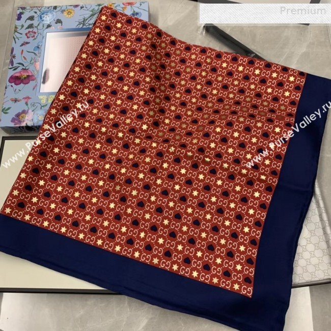 Gucci Silk GG Hearts Square Scarf 90x90cm Navy Blue/Red 2019 (WNS-0010617)