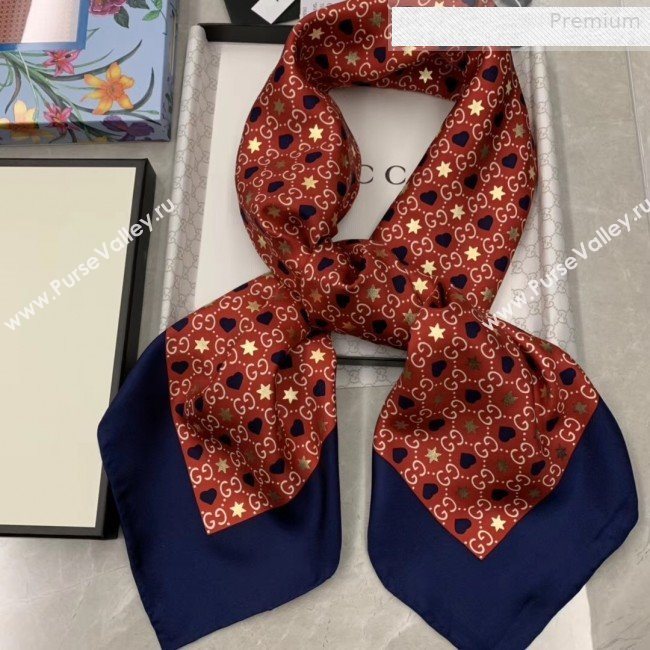 Gucci Silk GG Hearts Square Scarf 90x90cm Navy Blue/Red 2019 (WNS-0010617)