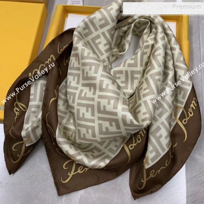 Fendi Roma with Love Silk FF Square Scarf 90x90cm Coffee 2019 (WNS-0010619)