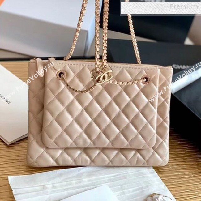 Chanel Quilted Shiny Lambskin Double Clutch with Chain AP1073 Nude 2019 (XING-0010701)
