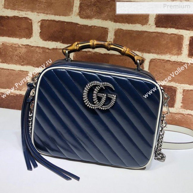 Gucci GG Diagonal Marmont Small Shoulder Bag with Bamboo Top Handle 602270 Blue 2019 (DLH-0010236)