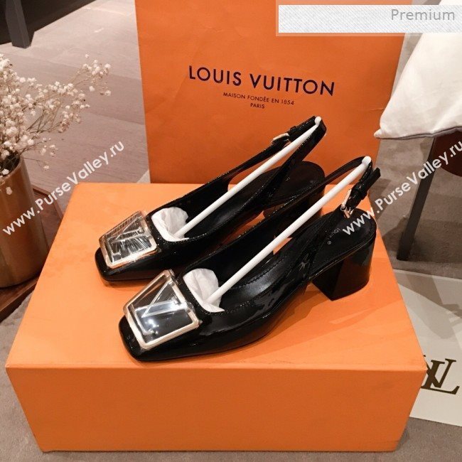 Louis Vuitton Madeleine Patent Leather Square LV Slingback Pumps Black 2020 (KL-0011407)