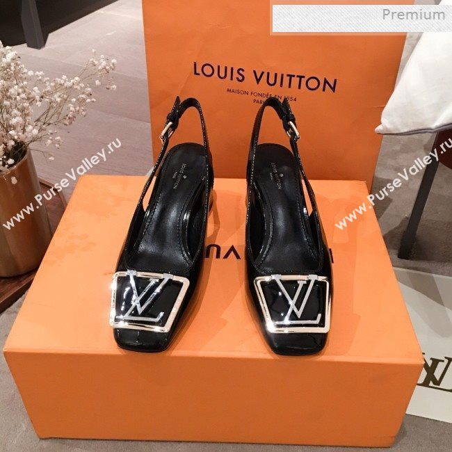 Louis Vuitton Madeleine Patent Leather Square LV Slingback Pumps Black 2020 (KL-0011407)