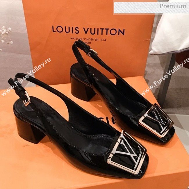 Louis Vuitton Madeleine Patent Leather Square LV Slingback Pumps Black 2020 (KL-0011407)