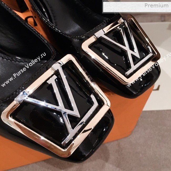 Louis Vuitton Madeleine Patent Leather Square LV Slingback Pumps Black 2020 (KL-0011407)