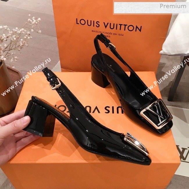Louis Vuitton Madeleine Patent Leather Square LV Slingback Pumps Black 2020 (KL-0011407)