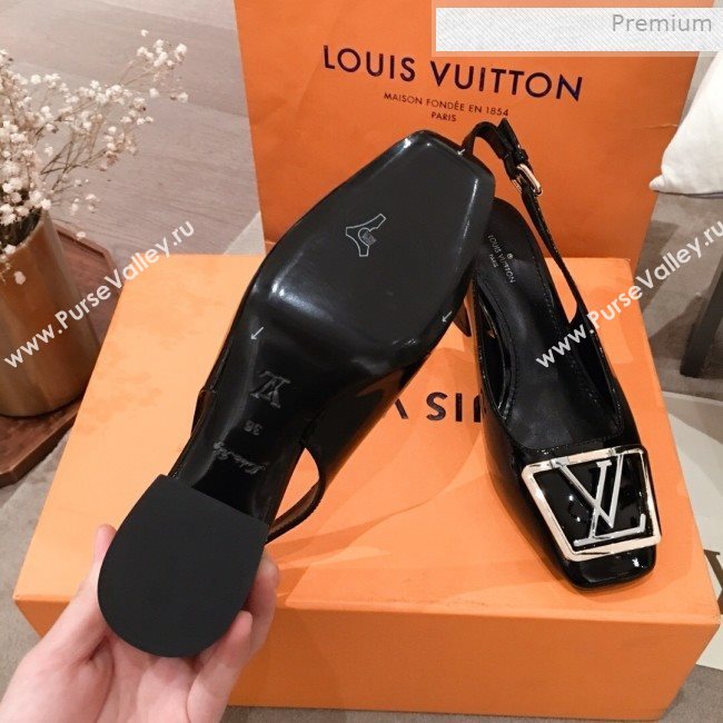 Louis Vuitton Madeleine Patent Leather Square LV Slingback Pumps Black 2020 (KL-0011407)