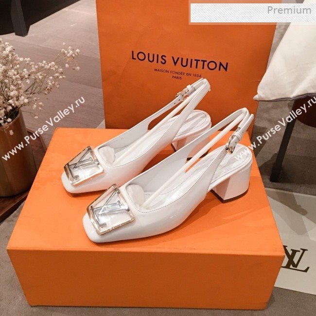 Louis Vuitton Madeleine Patent Leather Square LV Slingback Pumps White 2020 (KL-0011406)