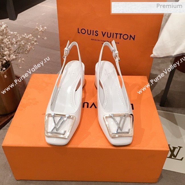 Louis Vuitton Madeleine Patent Leather Square LV Slingback Pumps White 2020 (KL-0011406)