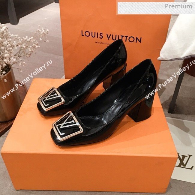Louis Vuitton Madeleine Patent Leather Square LV Pumps 7.5cm Heel Black 2020 (KL-0011411)