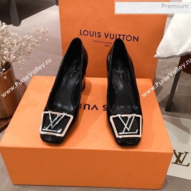 Louis Vuitton Madeleine Patent Leather Square LV Pumps 7.5cm Heel Black 2020 (KL-0011411)