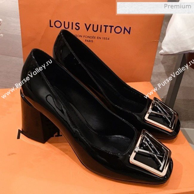 Louis Vuitton Madeleine Patent Leather Square LV Pumps 7.5cm Heel Black 2020 (KL-0011411)