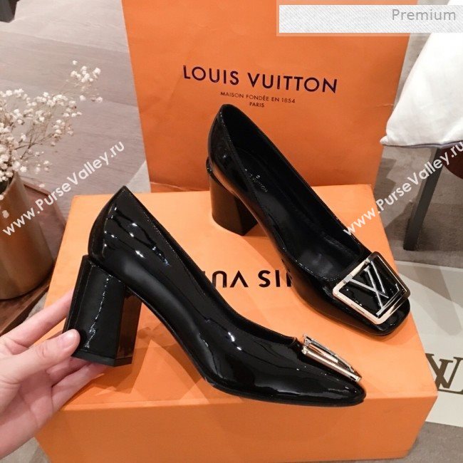 Louis Vuitton Madeleine Patent Leather Square LV Pumps 7.5cm Heel Black 2020 (KL-0011411)
