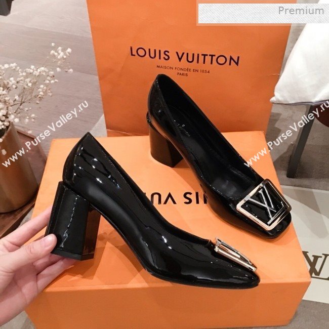 Louis Vuitton Madeleine Patent Leather Square LV Pumps 7.5cm Heel Black 2020 (KL-0011411)