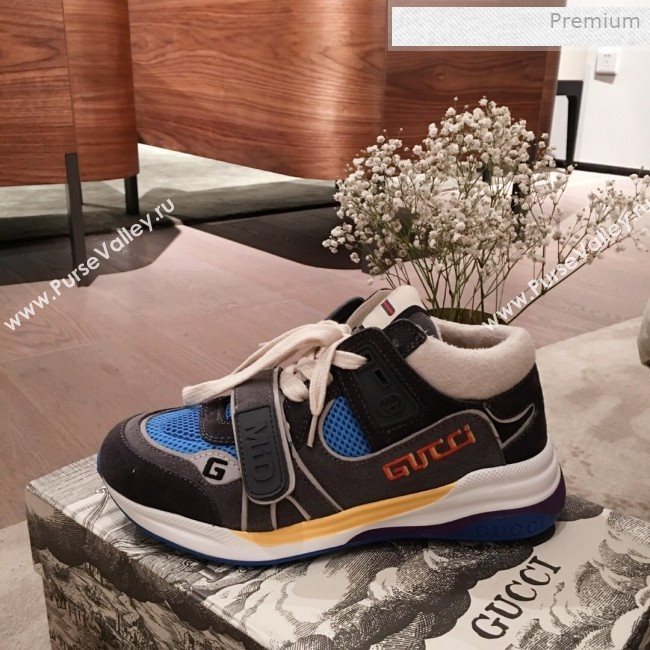 Gucci Ultrapace Suede and Mesh Mid-top Sneakers Blue/Grey (For Women and Men) (KL-0011610)