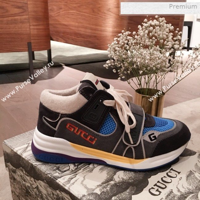 Gucci Ultrapace Suede and Mesh Mid-top Sneakers Blue/Grey (For Women and Men) (KL-0011610)