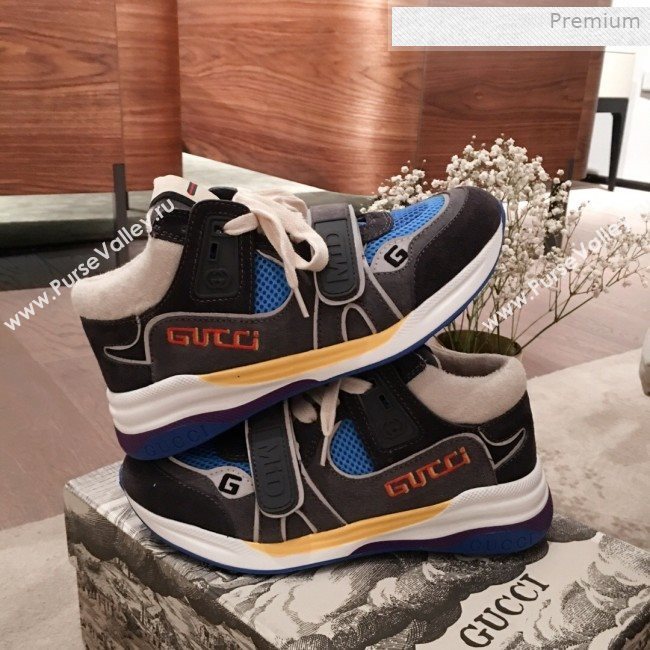 Gucci Ultrapace Suede and Mesh Mid-top Sneakers Blue/Grey (For Women and Men) (KL-0011610)