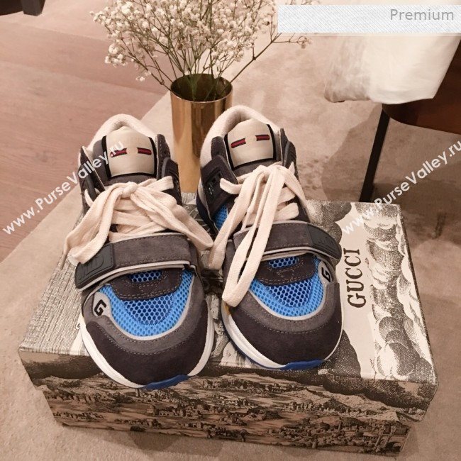 Gucci Ultrapace Suede and Mesh Mid-top Sneakers Blue/Grey (For Women and Men) (KL-0011610)