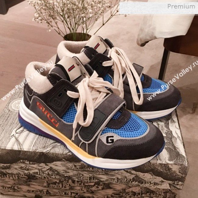 Gucci Ultrapace Suede and Mesh Mid-top Sneakers Blue/Grey (For Women and Men) (KL-0011610)
